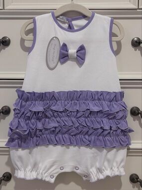 NWT Hug Me First (Baby Loren) White & Purple Ruffle Bow Romper Size 12-18 Months